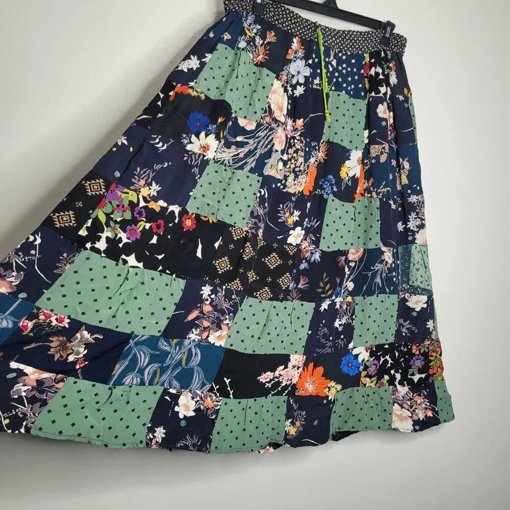 Just Cruising mixed print patchwork drawstring maxi rustic artsy boho skirt